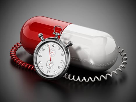 Chronometer attached to red and white capsule pill. 3D illustration.