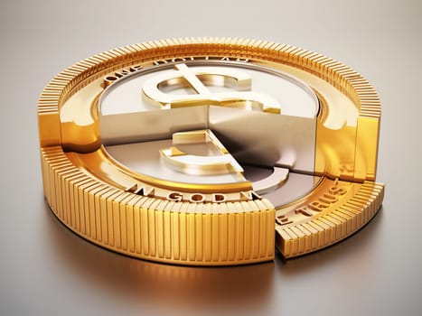 Sliced coin with dollar icon. 3D illustration.