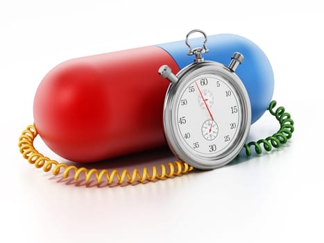 Chronometer attached to red and blue capsule pill. 3D illustration.