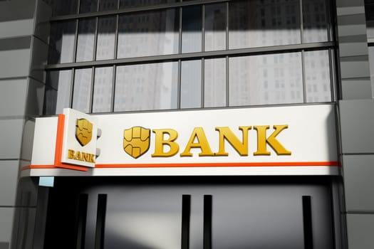 Bank signboard with fictitious logo on building exterior. 3D illustration.