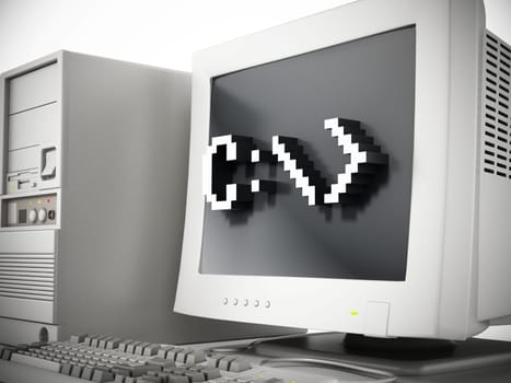 Generic vintage 90's style computer isolated on white background. 3D illustration.