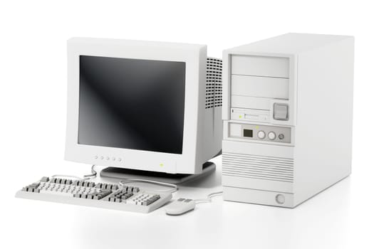 Generic vintage 90's style computer isolated on white background. 3D illustration.