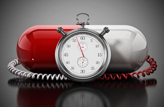 Chronometer attached to red and white capsule pill. 3D illustration.