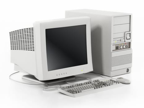 Generic vintage 90's style computer isolated on white background. 3D illustration.