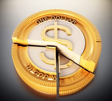 Sliced coin with dollar icon. 3D illustration.