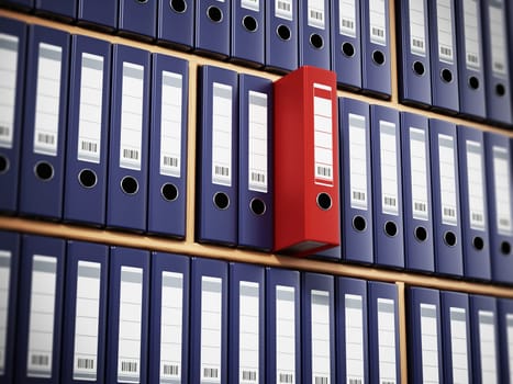Red folder standing out among black ones inside wooden shelves. 3D illustration.