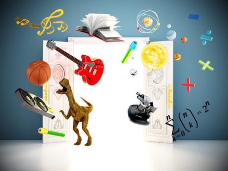 Objects representing school subjects flying out of the open door. 3D illustration.