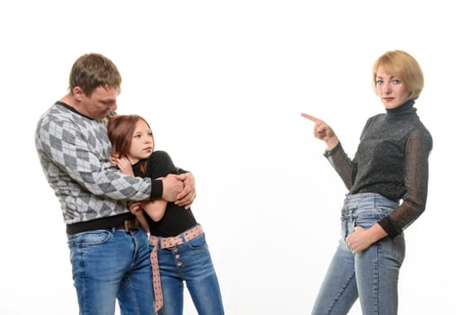 Mom scolds daughter, father takes pity on daughter, isolated on white background