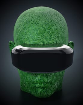 Virtual reality headset on pcb textured human face. 3D illustration.