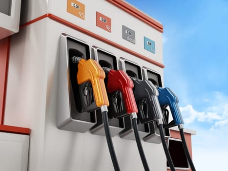 Modern fuel pump on blue sky background. 3D illustration.