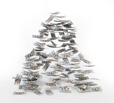 100 dollar bills falling to the ground. 3D illustration.