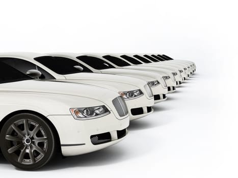 Luxury car fleet consisting of generic brandless design. 3D illustration.