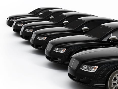 Luxury car fleet consisting of generic brandless design. 3D illustration.