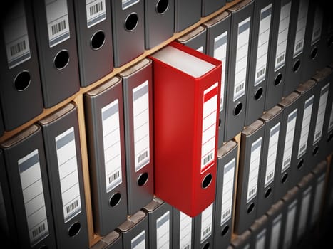 Red folder standing out among black ones inside wooden shelves. 3D illustration.
