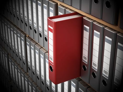 Red folder standing out among black ones inside wooden shelves. 3D illustration.