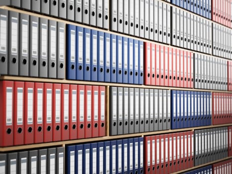 Multi colored folders arranged inside wooden shelves. 3D illustration.