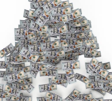 100 dollar bills falling to the ground. 3D illustration.