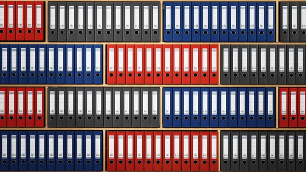 Multi colored folders arranged inside wooden shelves. 3D illustration.