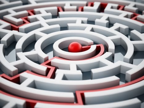 Red line leading to the center of the round maze. 3D illustration.
