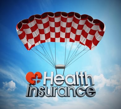 Health insurance text landing with a parachute. 3D illustration.