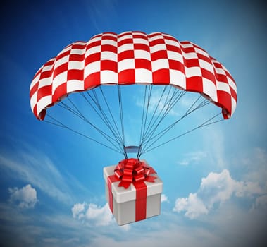 Giftbox landing with a parachute against blue sky. 3D illustration.