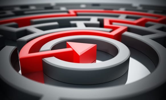 Red line leading to the center of the round maze. 3D illustration.