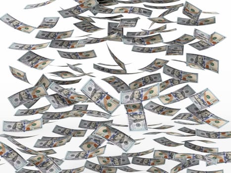100 dollar bills falling to the ground. 3D illustration.