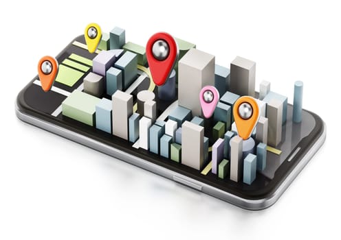 City buildings and colored pins on smartphone. 3D illustration.