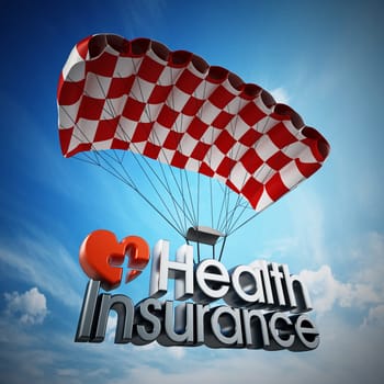 Health insurance text landing with a parachute. 3D illustration.