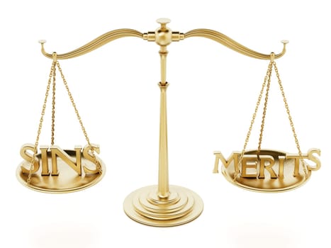 Balanced scale with sins and merits on two sides. 3D illustration.