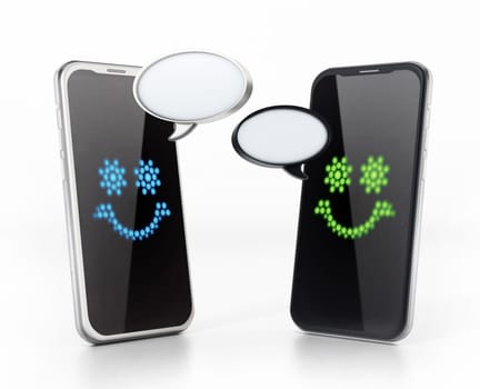 Smartphones communicating each other with blank speech balloons. 3D illustration.