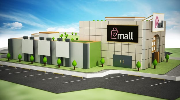 Generic shopping mall building against blue sky. 3D illustration.
