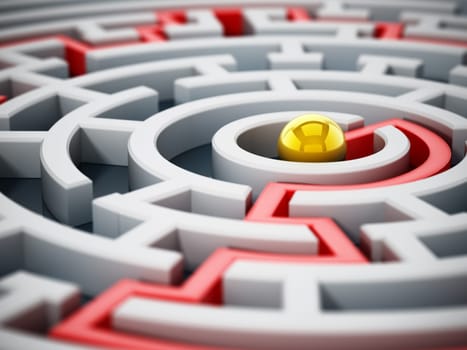 Red line leading to the center of the round maze. 3D illustration.