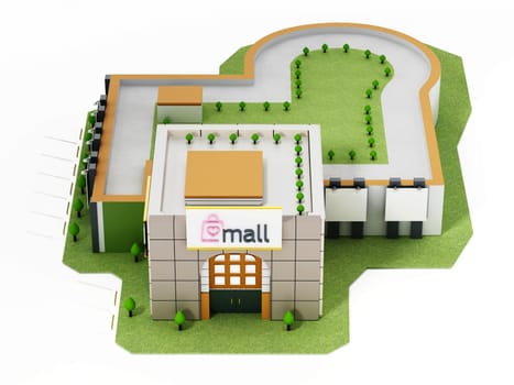 Generic shopping mall building isolated on white background. 3D illustration.