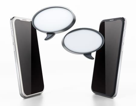 Smartphones communicating each other with blank speech balloons. 3D illustration.