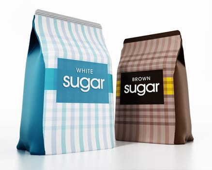 White and brown granulated sugar packages isolated on white background. 3D illustration.