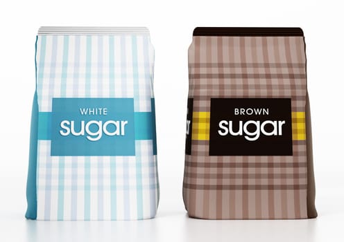 White and brown granulated sugar packages isolated on white background. 3D illustration.