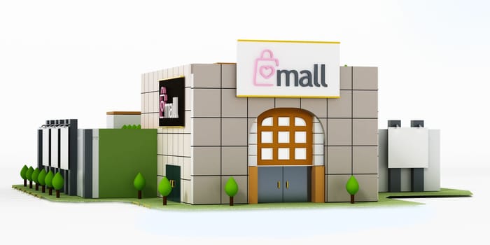 Generic shopping mall building isolated on white background. 3D illustration.