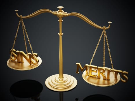 Balanced scale with sins and merits on two sides. 3D illustration.