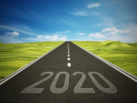 2020 text on the road leading to blue sky. 3D illustration.