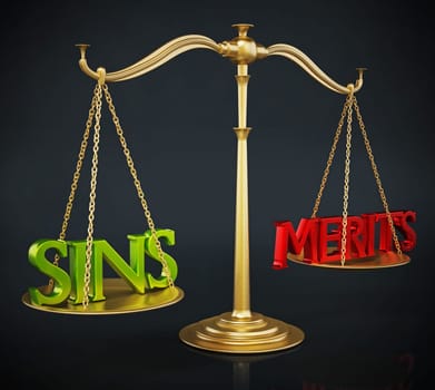 Balanced scale with sins and merits on two sides. 3D illustration.