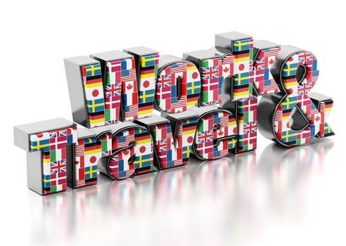 Work and Travel text with country flags. 3D illustration.