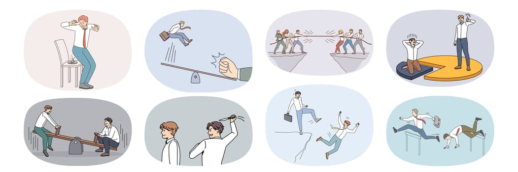 Set of businesspeople involved in work competition with colleagues at workplace. Collection of employees or workers compete with job rivals. Competitors and rivalry. Vector illustration.