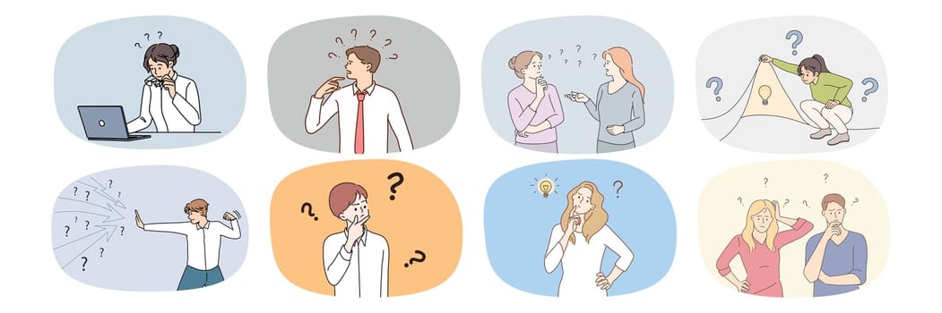 Set of confused diverse people with question mark wonder about problem solution. Collection of persons frustrated about issue solving look for answer. Dilemma concept. Vector illustration.