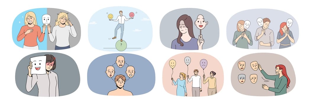 Set of diverse people with different emotions have bipolar disorder need psychological help. Collection of unhealthy men and women suffer from mental psychiatric problems. Vector illustration.