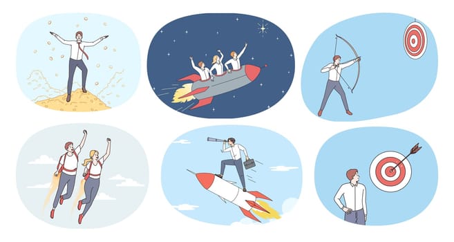 Set of businessman feel motivated achieve work goal or target. Collection of male employee or worker strive for career success or accomplishment. Motivation, leadership. Vector illustration.