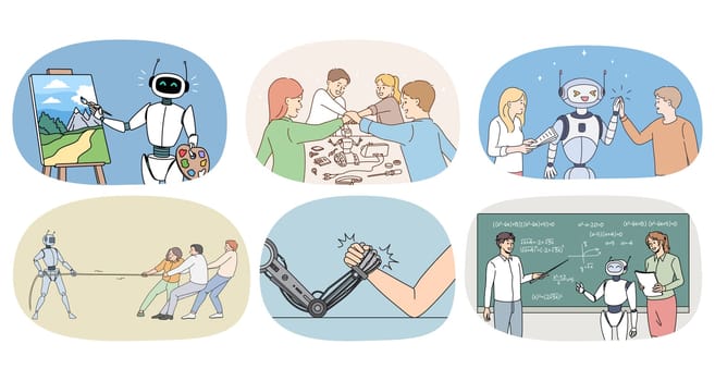 Collection of digital robot assistant in daily life of people. Set of cyborg or ai helper in person everyday routine. Artificial intelligence and modern technologies. Vector illustration.