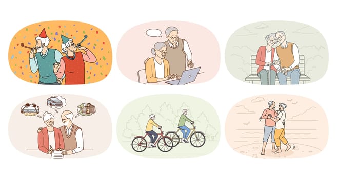 Set of overjoyed energetic grandparents have fun relax together. Collection of happy old people enjoy active maturity and pension. Elderly lifestyle and retirement. Flat vector illustration.