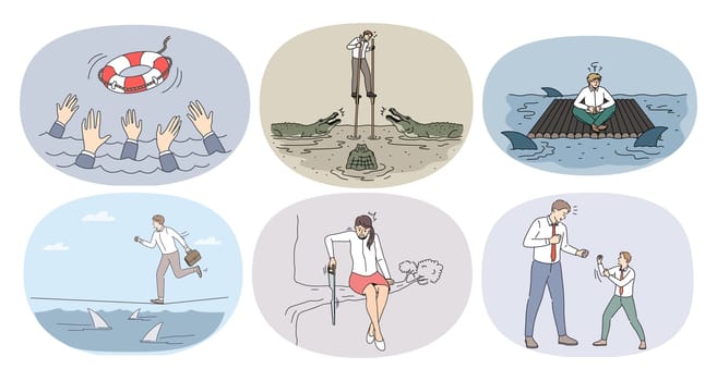 Set of diverse businesspeople in risky situations. Collection of employees or workers risk involved in challenging projects or startups. Business problems concept. Vector illustration.