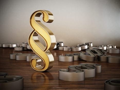 Gold paragraph symbol standing out among iron icons. 3D illustration.